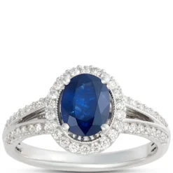 Oval Sapphire and Diamond Halo Ring, 14K White Gold