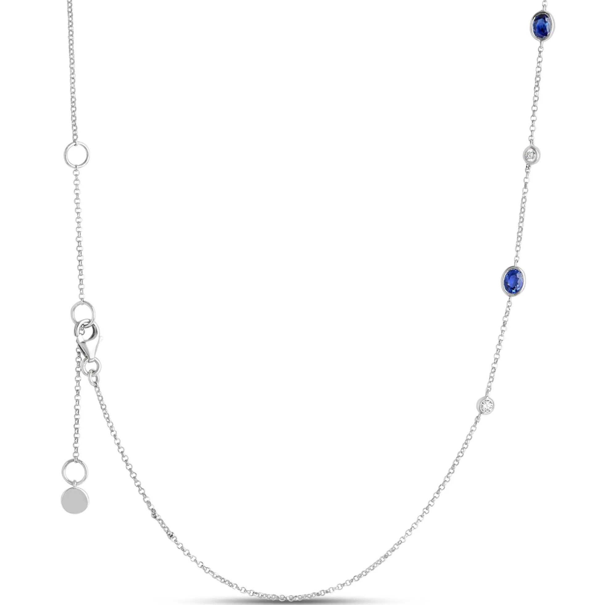 Oval Sapphire and Round Diamond Station Necklace, 14K White Gold