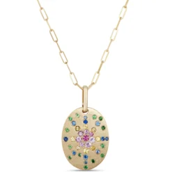 Oval Shaped Confetti Gemstone Pendant, 14K Yellow Gold