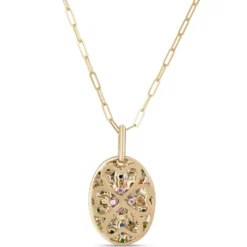 Oval Shaped Confetti Gemstone Pendant, 14K Yellow Gold
