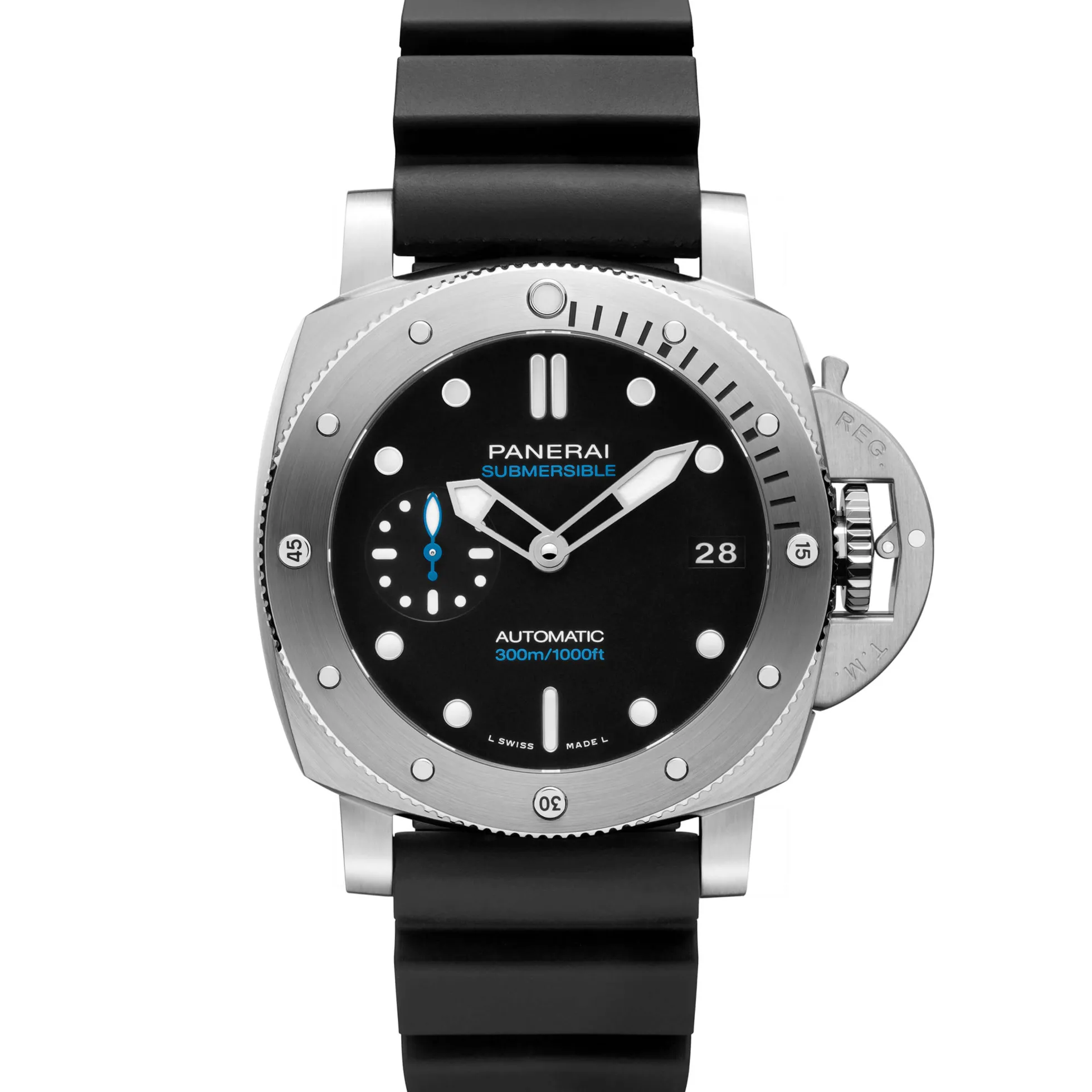 Panerai Submersible Black Dial Rubber Steel Watch, 42mm