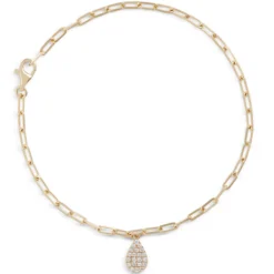 Paperclip Chain Bracelet with Pear-Shaped Pave Pendant, 14K Yellow Gold