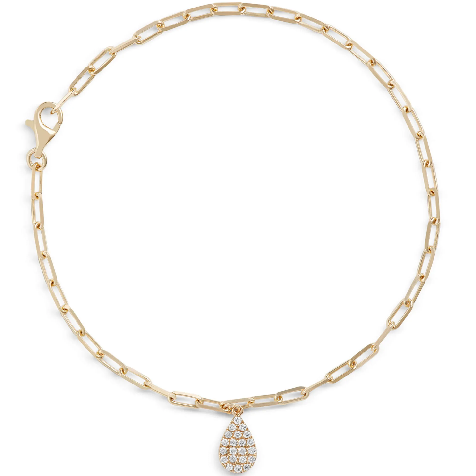Paperclip Chain Bracelet with Pear-Shaped Pave Pendant, 14K Yellow Gold