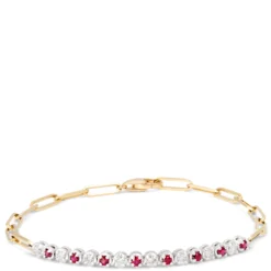 Paperclip Round Ruby and Diamond Bracelet in 14K Yellow Gold