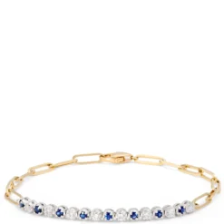 Paperclip Round Sapphire and Diamond Bracelet in 14K Yellow Gold