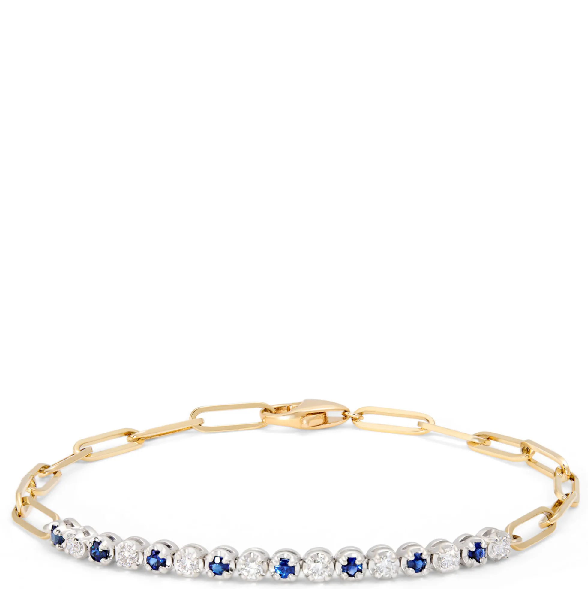 Paperclip Round Sapphire and Diamond Bracelet in 14K Yellow Gold