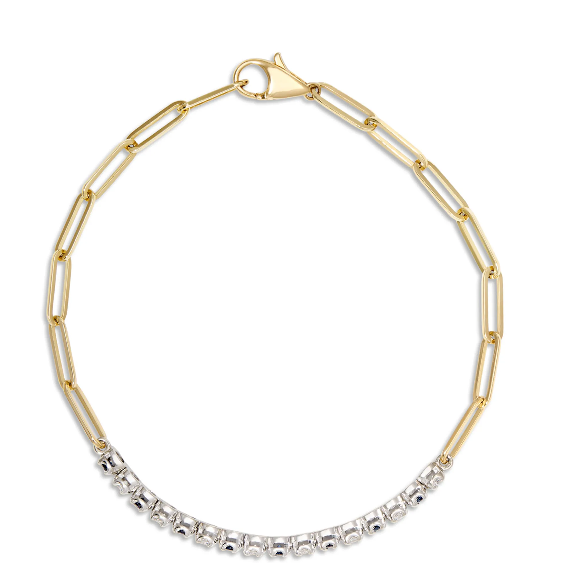 Paperclip Round Sapphire and Diamond Bracelet in 14K Yellow Gold