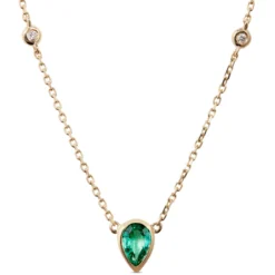 Pear Cut Emerald and Diamond Necklace, 14K Yellow Gold