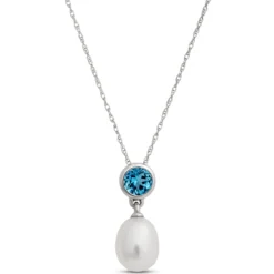 Pearl and Blue Topaz Pendant Necklace, 14k White Gold