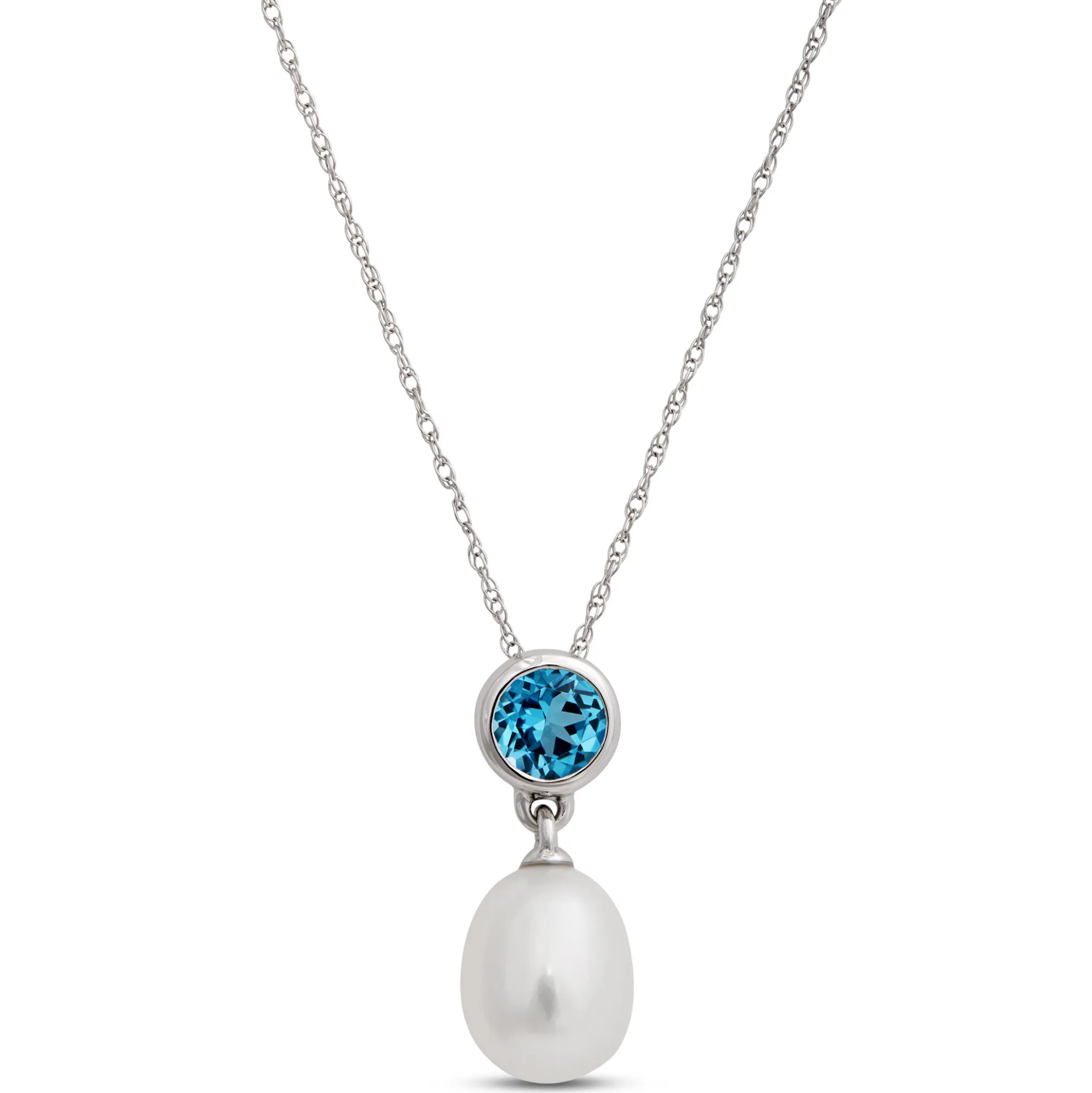 Pearl and Blue Topaz Pendant Necklace, 14k White Gold
