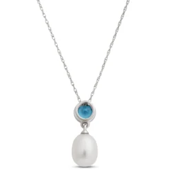 Pearl and Blue Topaz Pendant Necklace, 14k White Gold