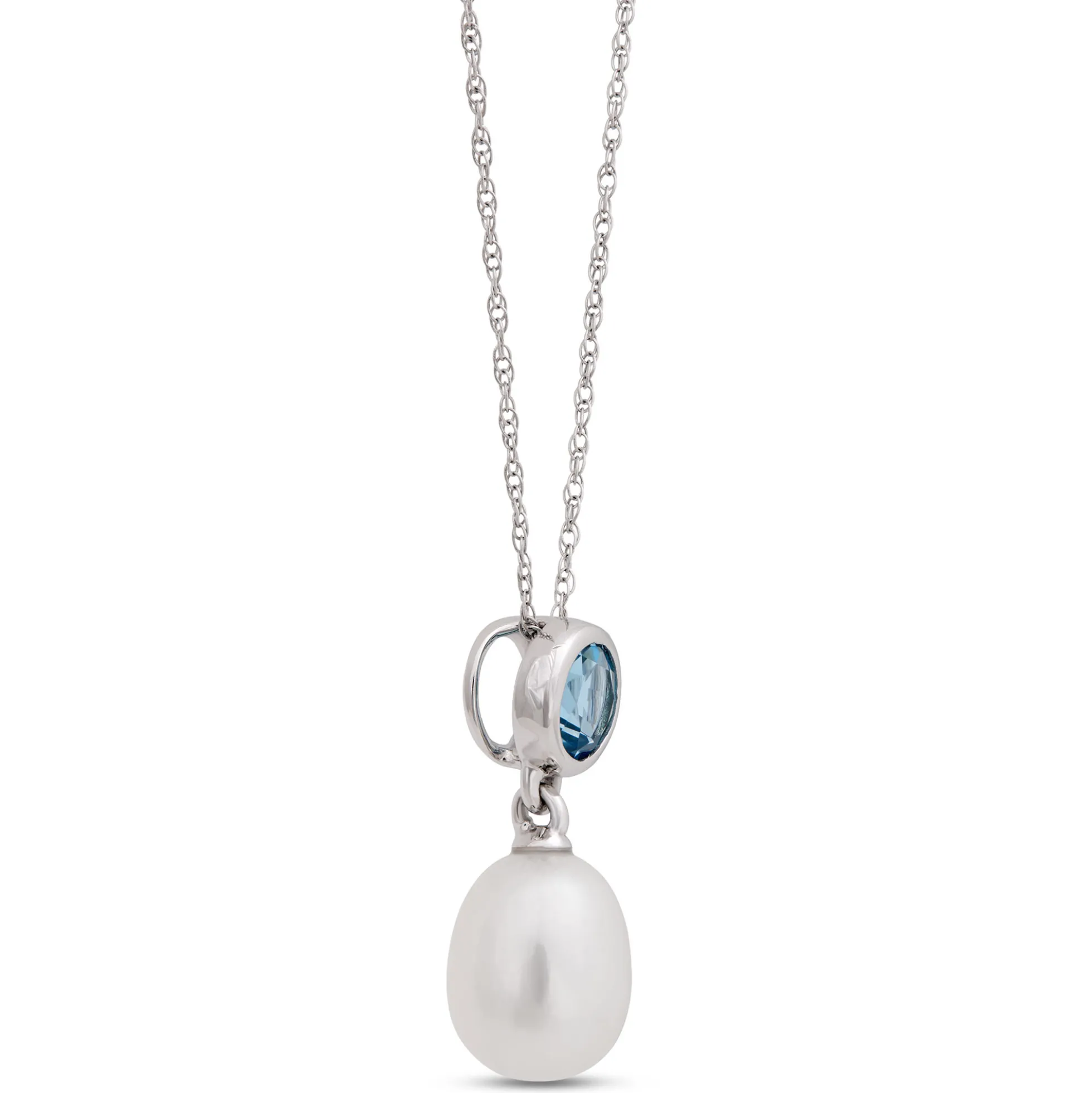 Pearl and Blue Topaz Pendant Necklace, 14k White Gold