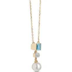 Pearl, Blue Topaz and Diamond Necklace, 14K Yellow Gold