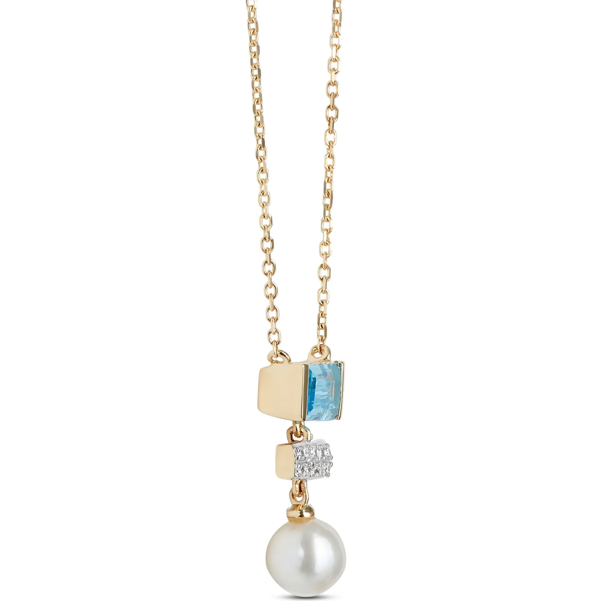 Pearl, Blue Topaz and Diamond Necklace, 14K Yellow Gold