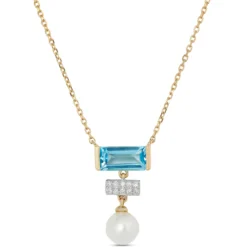 Pearl, Blue Topaz and Diamond Necklace, 14K Yellow Gold