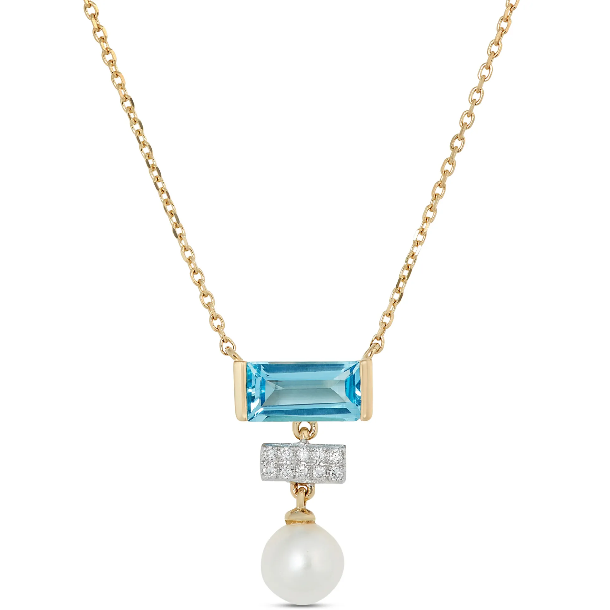Pearl, Blue Topaz and Diamond Necklace, 14K Yellow Gold