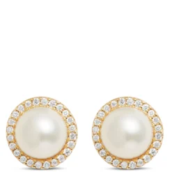 Pearl Halo Stud Earrings, 14K Yellow Gold