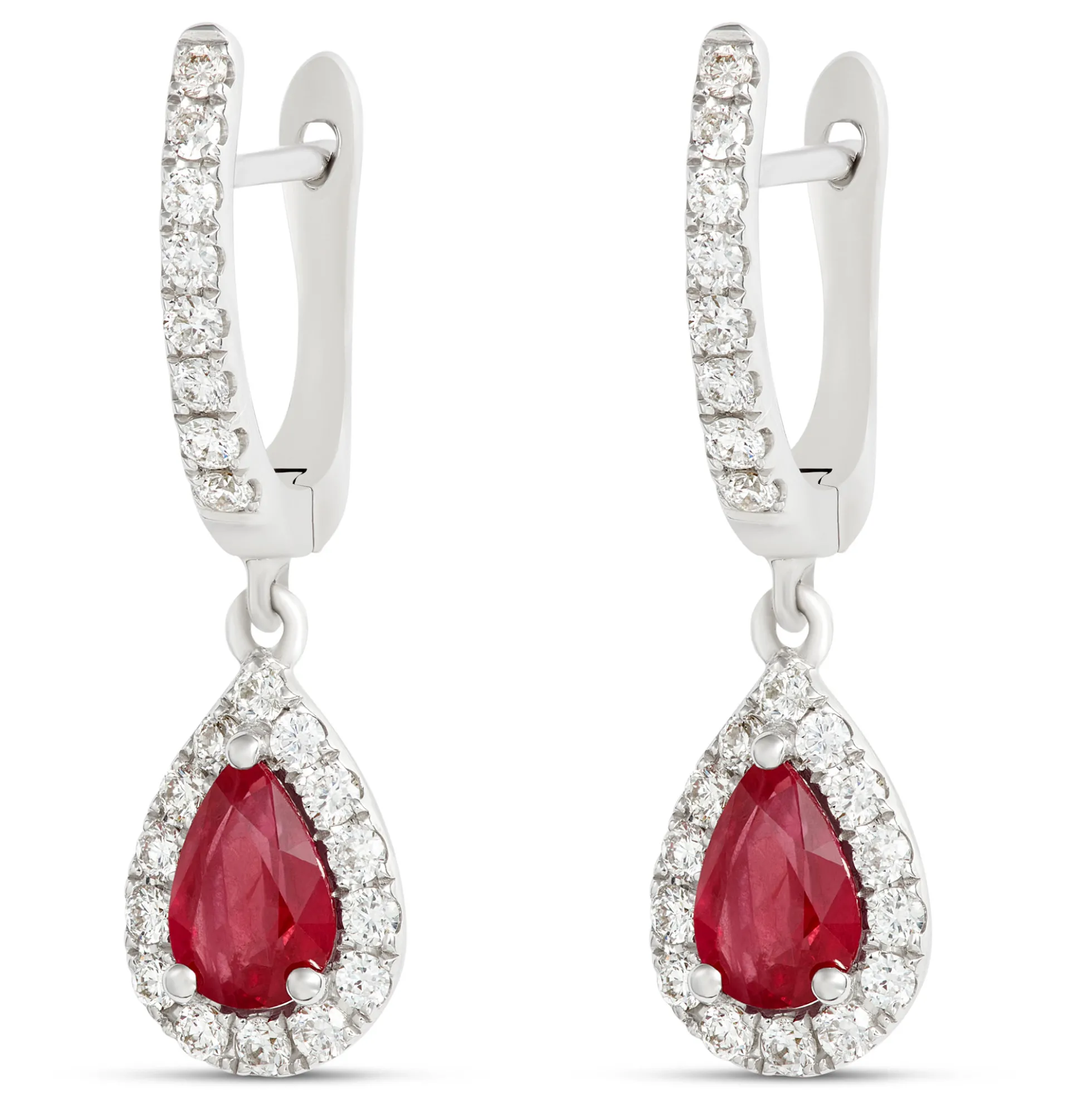 Pear Ruby and Diamond Dangle Earrings, 14K White Gold