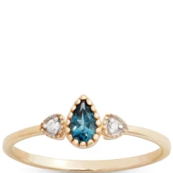 Pear Shaped Blue Topaz and Diamond Ring, 14K Yellow Gold