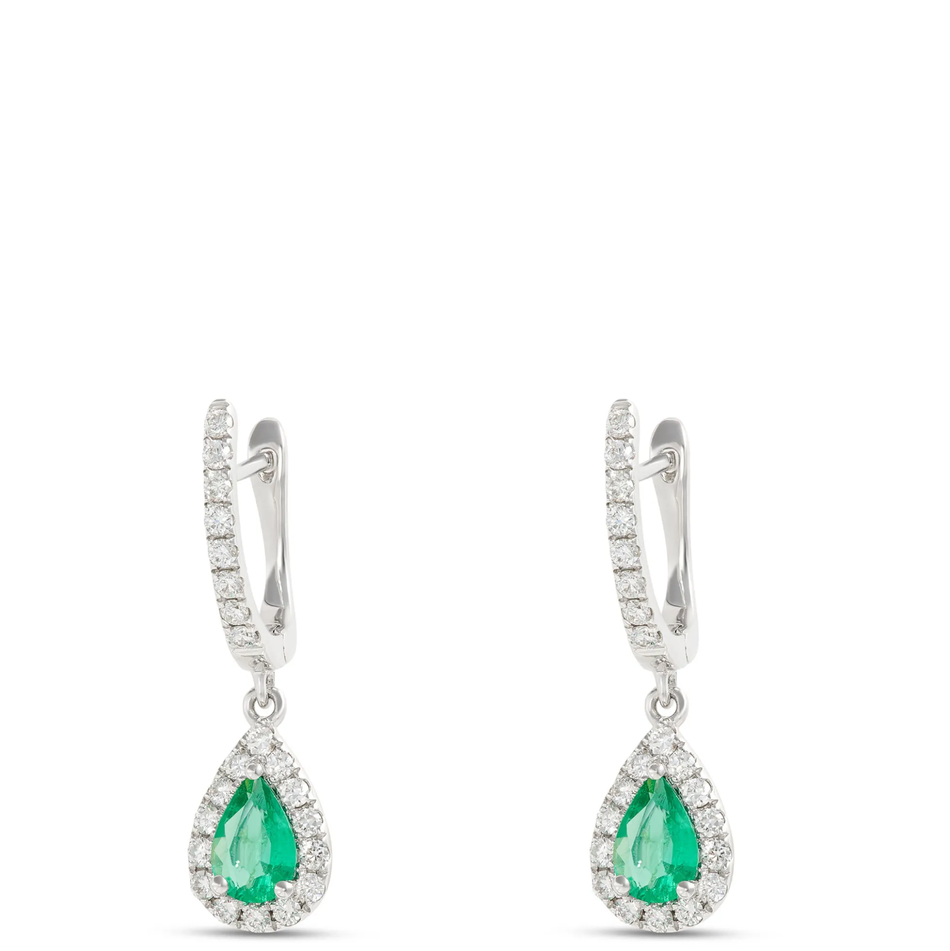 Pear-Shaped Emerald and Diamond Earrings, ⅓ Total Carat Weight, 14K White Gold