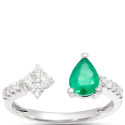 Pear Shaped Emerald and Diamond Open Center Ring, 14K White Gold