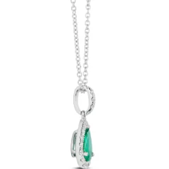 Pear Shaped Emerald and Diamond Halo Pendant Necklace, 14K White Gold