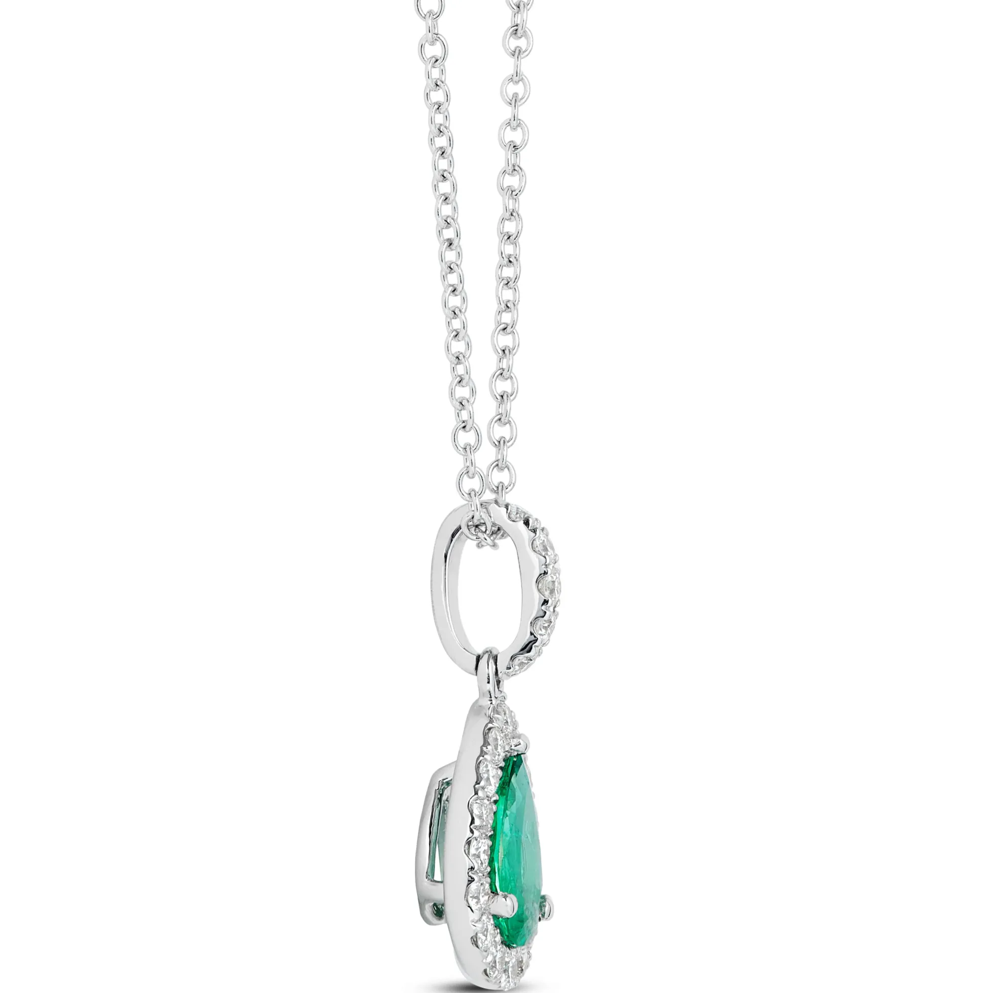 Pear Shaped Emerald and Diamond Halo Pendant Necklace, 14K White Gold