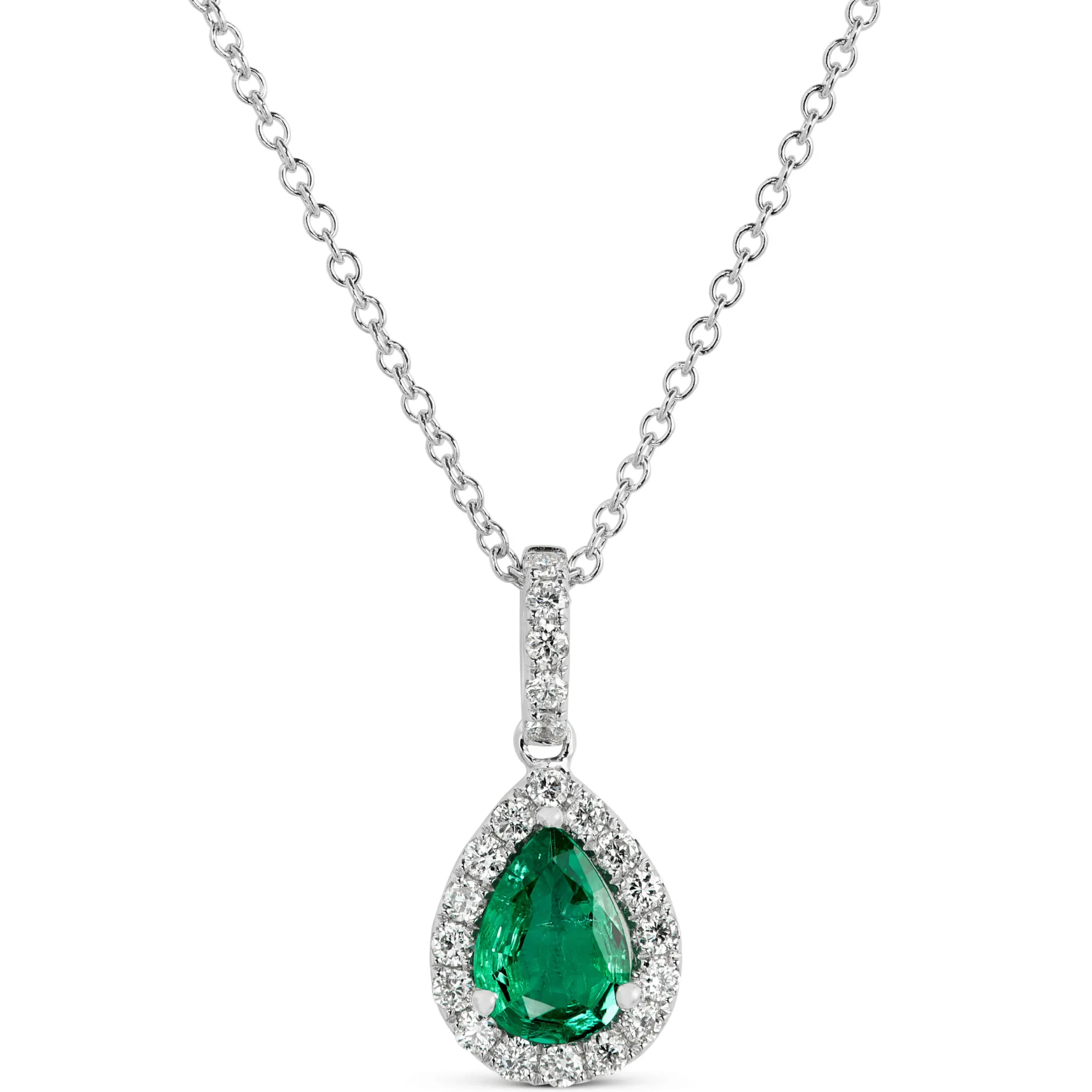 Pear Shaped Emerald and Diamond Halo Pendant Necklace, 14K White Gold