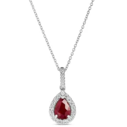 Pear Shaped Ruby and Diamond Halo Pendant Necklace, 14K White Gold