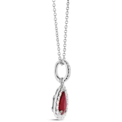 Pear Shaped Ruby and Diamond Halo Pendant Necklace, 14K White Gold