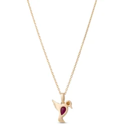 Pear Shaped Ruby Bird Necklace, 14K Yellow Gold