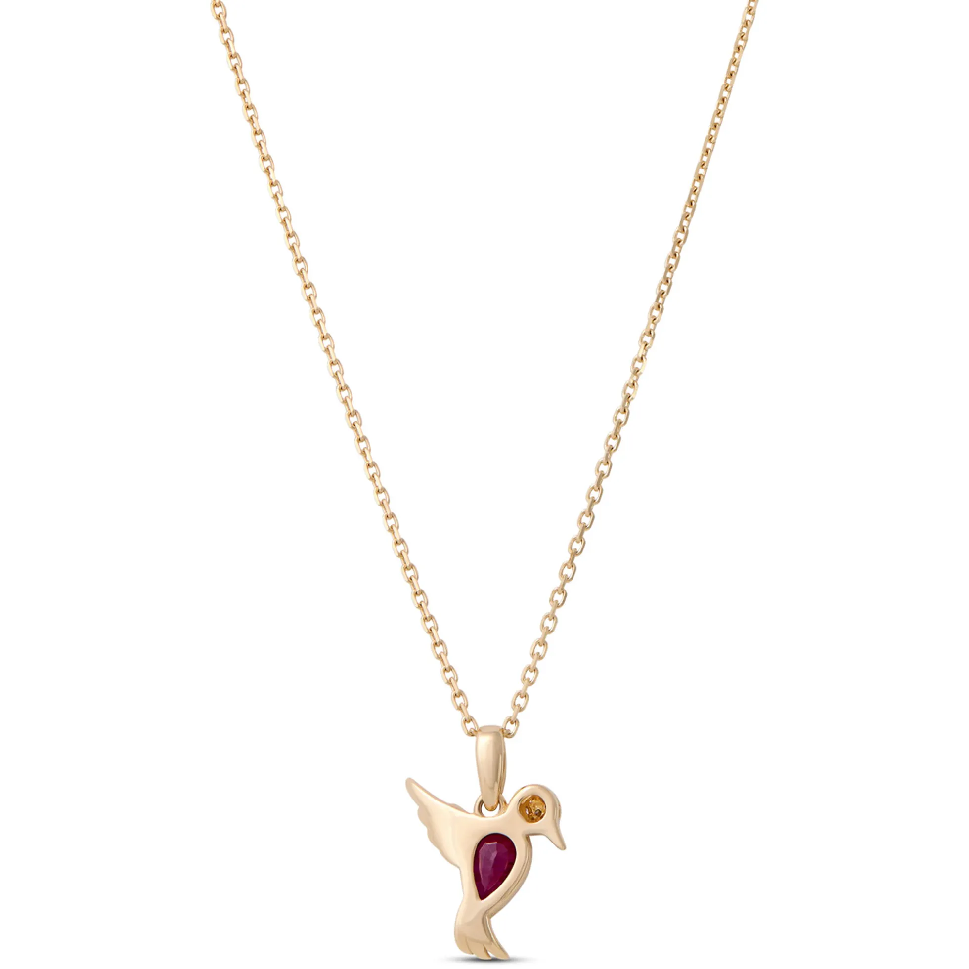 Pear Shaped Ruby Bird Necklace, 14K Yellow Gold