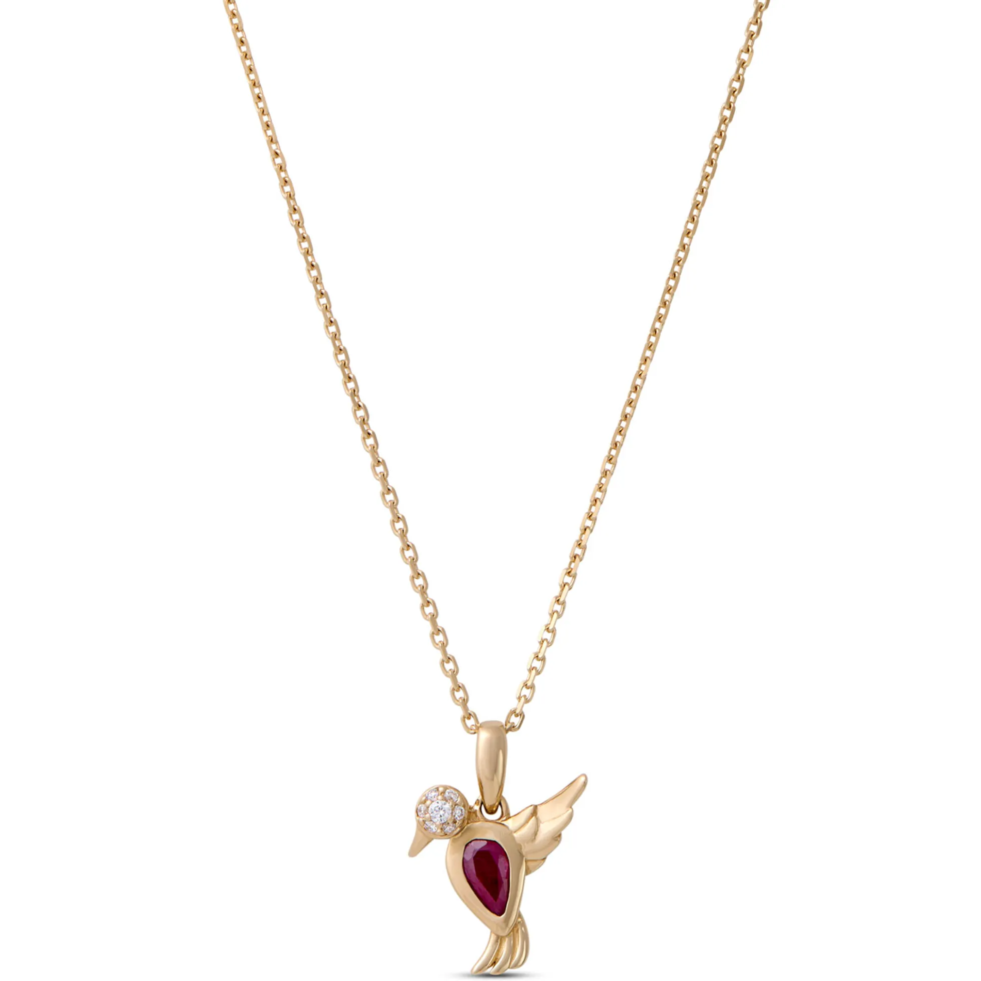 Pear Shaped Ruby Bird Necklace, 14K Yellow Gold