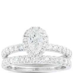Pear Shape Halo and Round Diamond Bridal Set, 14K White Gold