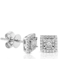 Princess Diamond Halo Earrings 14K