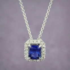 Radiant Cut Sapphire & Diamond Pendant 14K