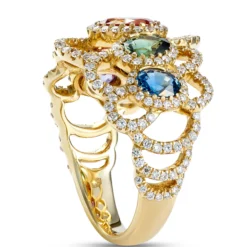 Rainbow Round Sapphire and Diamond Ring, ⅔ Total Carat Weight 14K Yellow Gold