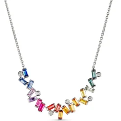 Rainbow Sapphire and Round Diamond Necklace, 14K White Gold