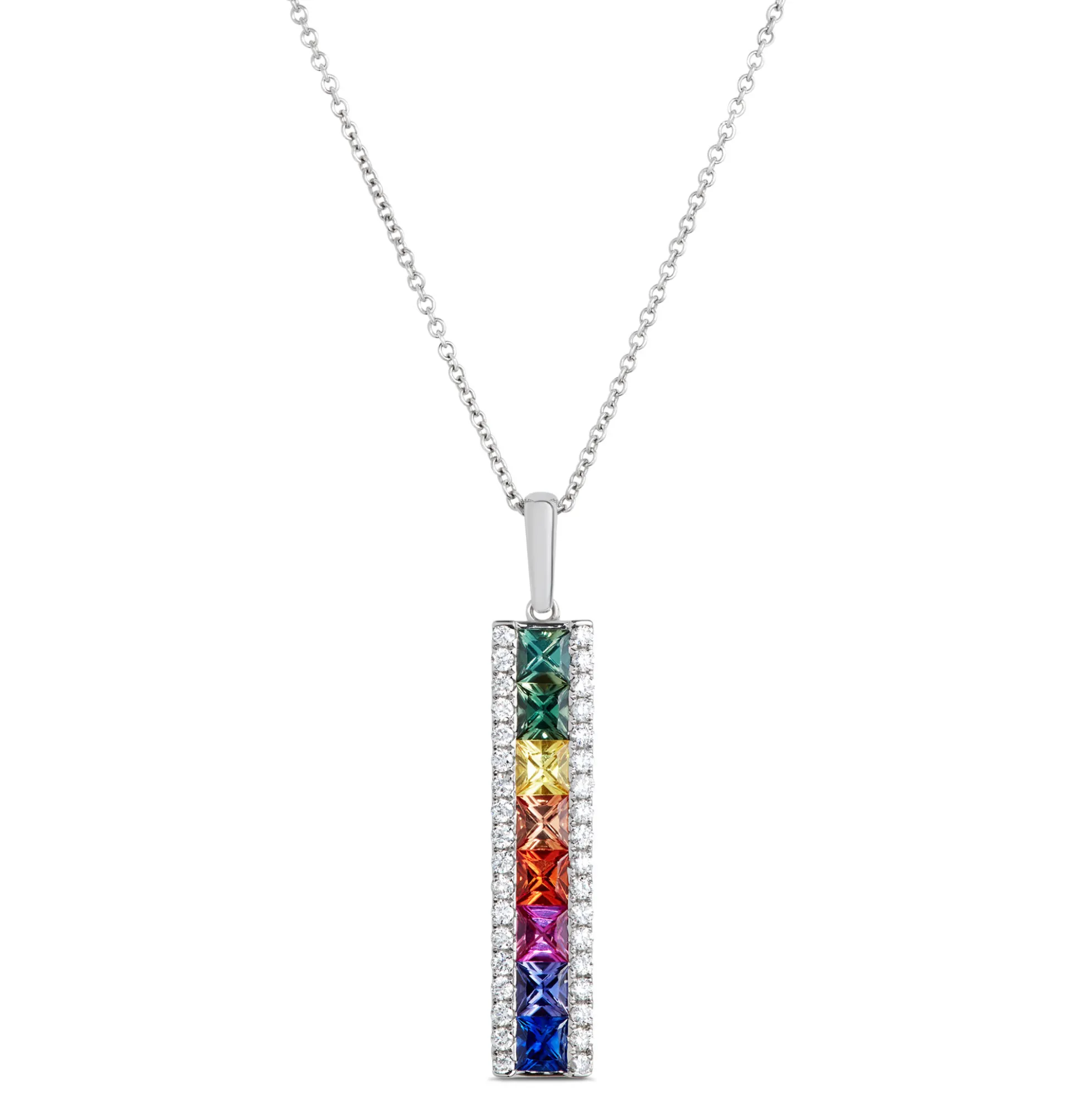 Rainbow Sapphire Bar Pendant, 14K White Gold