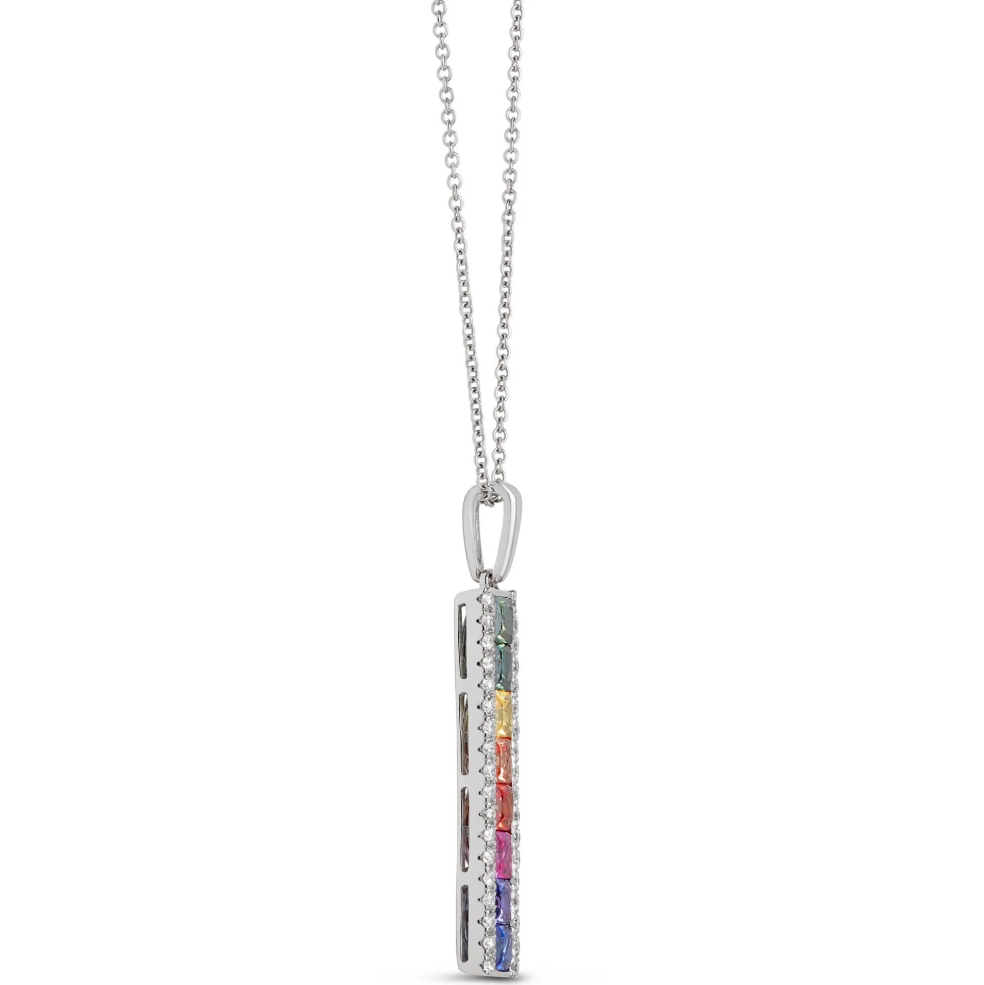 Rainbow Sapphire Bar Pendant, 14K White Gold