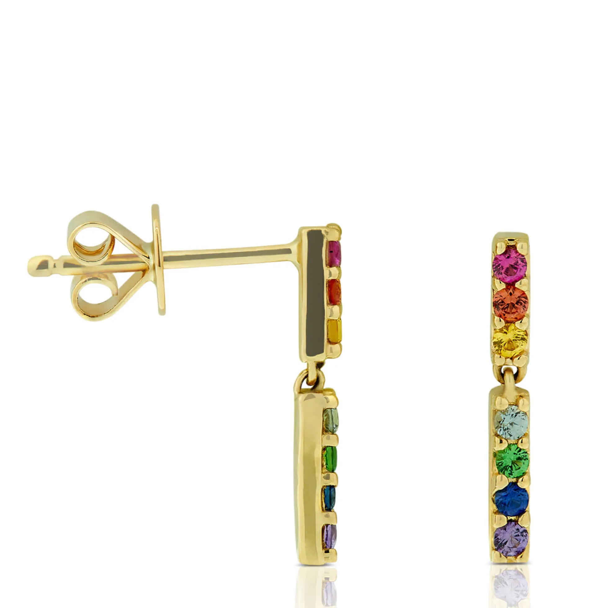 Rainbow Sapphire & Tsavorite Garnet Dangle Bar Earrings 14K