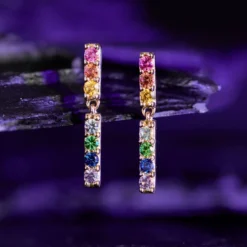 Rainbow Sapphire & Tsavorite Garnet Dangle Bar Earrings 14K