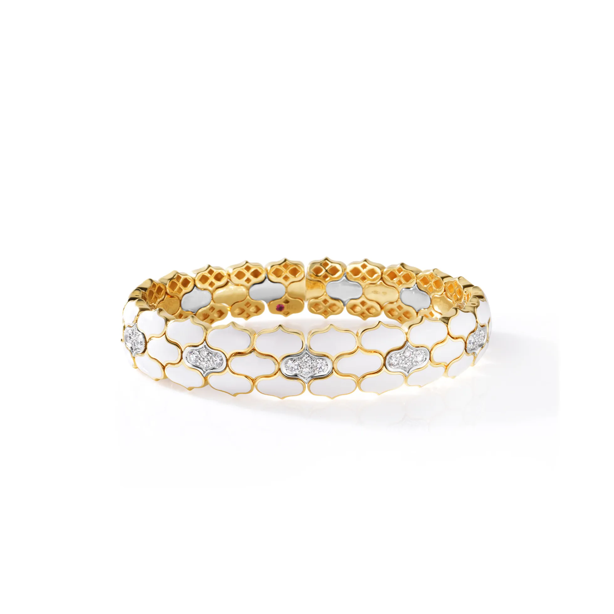Roberto Coin 18K Yellow And White Cobra Diamond And Enamel Wide Cuff Bangle