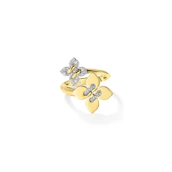 Roberto Coin 18K Yellow and White Gold Love In Verona Pavé Diamond And Polished Finish Double Flower Ring