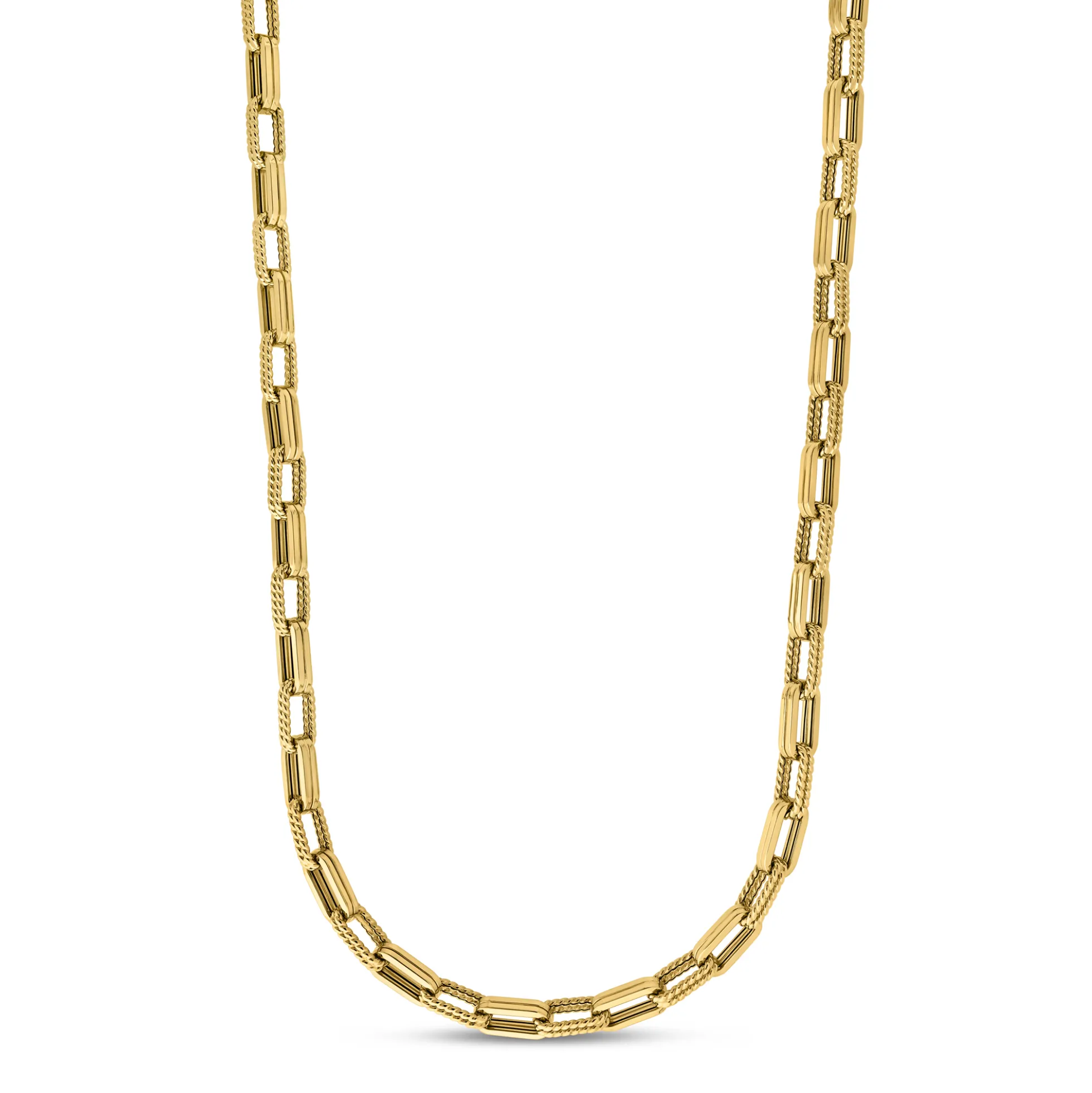 Roberto Coin 18K Yellow Gold Designer Gold Chain Alternating Fluted And Ridged Rectangular Link Chain Necklace