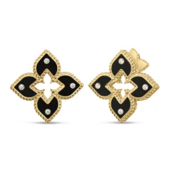 Roberto Coin 18K Yellow Gold Venetian Princess Diamond And Black Enamel Flower Stud Earrings