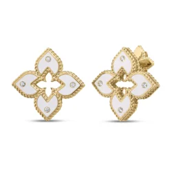 Roberto Coin 18K Yellow Gold Venetian Princess Diamond And White Enamel Flower Stud Earrings