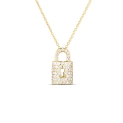 Roberto Coin Tiny Treasures Diamond Lock Necklace 18K Yellow Gold