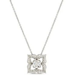 Rose and Round Cut Diamond Pendant Necklace, 18K White Gold