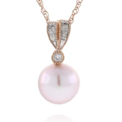 Rose Gold Freshwater Cultured Pearl & Diamond Pendant 14K